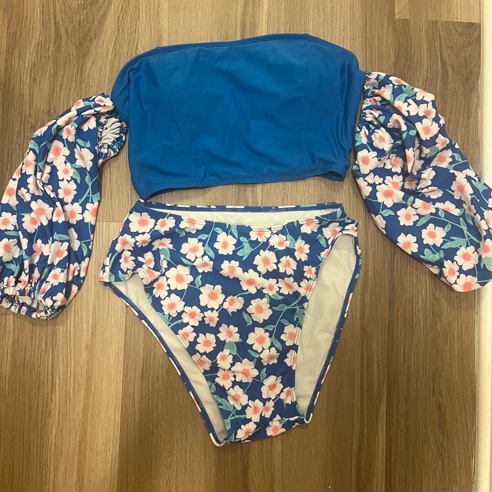 Blue Floral Off-Shoulder Bikini Set